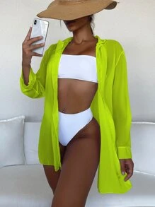 SHEIN Swim 素色落肩袖和服罩衫 - 青檸色 - 查看 1