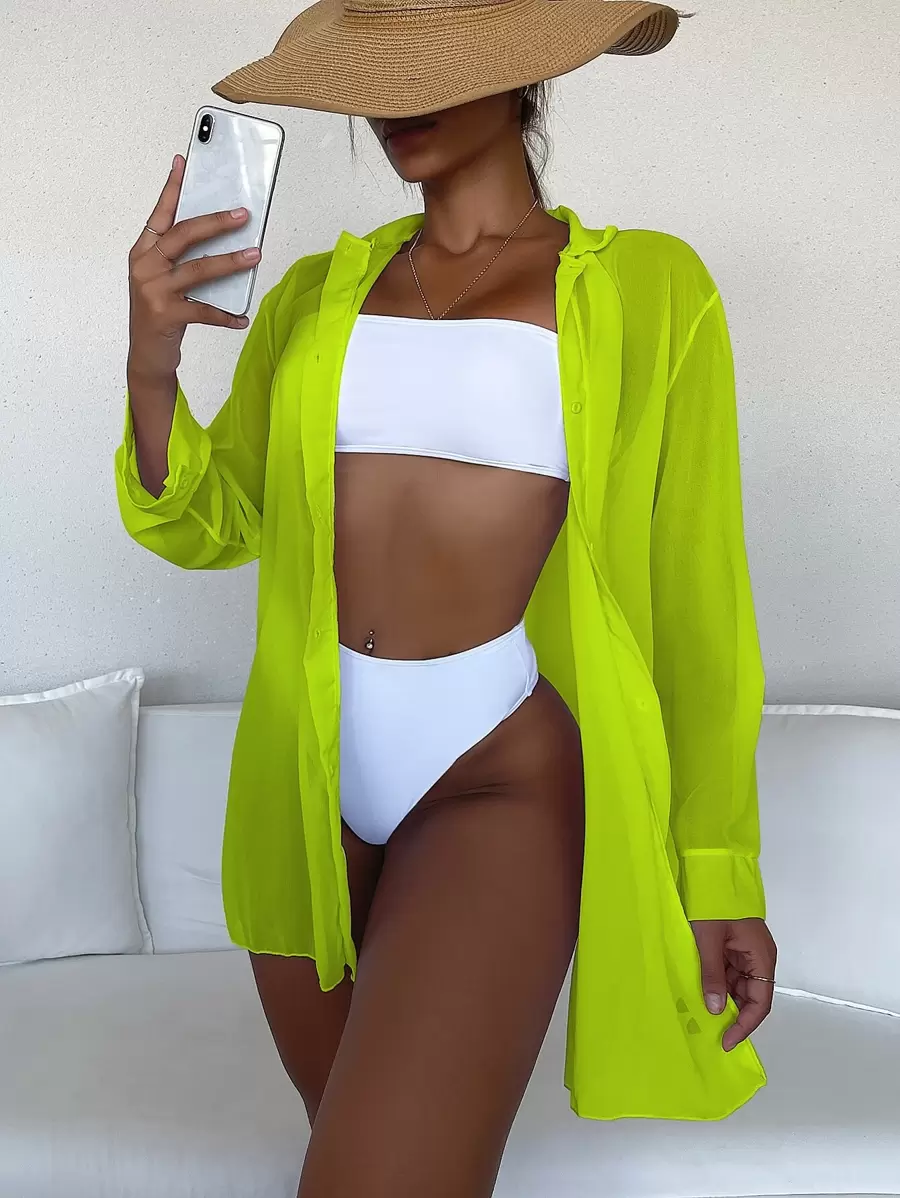 SHEIN Swim Summer Beach Solid Drop Shoulder Kimono - Lime Green - View 1