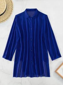 SHEIN Swim Kimono unicolor de hombros caídos - azul real - Ver 4