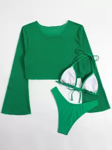 SHEIN Swim Conjunto de bikini sólido de verano con triángulo de sujetador halter en paquete de 3 - Verde - Ver 3