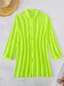 SHEIN Swim 素色落肩袖和服罩衫 - 青檸色 - 查看 4