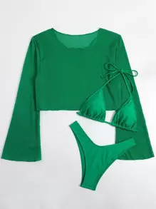 SHEIN Swim Conjunto de bikini sólido de verano con triángulo de sujetador halter en paquete de 3 - Verde - Ver 4