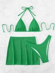 SHEIN Swim Summer Beach Ribbed Bikini Set Halter Triangle Bra & High Cut Bottom & Beach Skirt 3 Piece Bathing Suit - Green - View 3