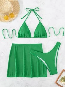 SHEIN Swim Summer Beach Ribbed Bikini Set Halter Triangle Bra & High Cut Bottom & Beach Skirt 3 Piece Bathing Suit - Green - View 4