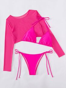 SHEIN Swim Summer Beach Solid Bikini Set Halter Bra & Tie Side Thong Bottom & Long Sleeve Cover Up Top 3 Piece Bathing Suit - Hot Pink - View 5
