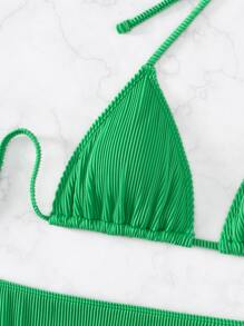 SHEIN Swim Summer Beach Ribbed Bikini Set Halter Triangle Bra & High Cut Bottom & Beach Skirt 3 Piece Bathing Suit - Green - View 6