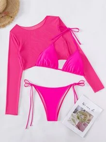SHEIN Swim Summer Beach Solid Bikini Set Halter Bra & Tie Side Thong Bottom & Long Sleeve Cover Up Top 3 Piece Bathing Suit - Hot Pink - View 6