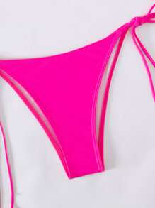 SHEIN Swim Summer Beach Solid Bikini Set Halter Bra & Tie Side Thong Bottom & Long Sleeve Cover Up Top 3 Piece Bathing Suit - Hot Pink - View 3