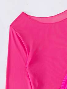 SHEIN Swim Summer Beach Solid Bikini Set Halter Bra & Tie Side Thong Bottom & Long Sleeve Cover Up Top 3 Piece Bathing Suit - Hot Pink - View 4