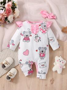 SHEIN Recién nacido Bebé Mono con estampado de koala ribete con fruncido & Accesorio Diadema - Blanco - Ver 1