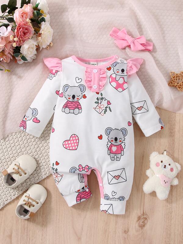 SHEIN 新生兒考拉印花荷葉邊連身褲和配件髮箍