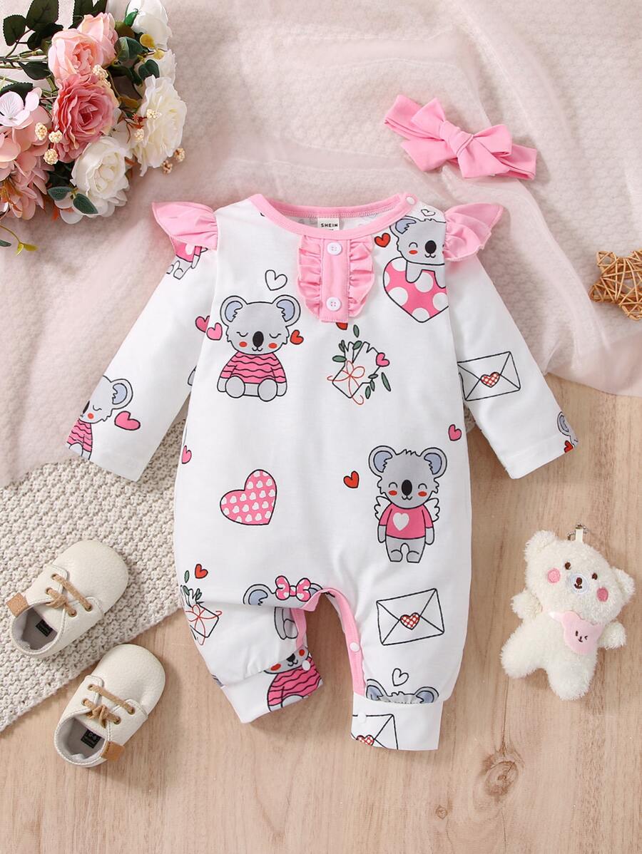 SHEIN Recién nacido Bebé Mono con estampado de koala ribete con fruncido & Accesorio Diadema - Blanco - Ver 1