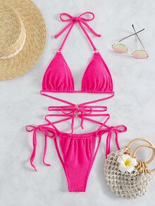 Bộ bikini đi biển mùa hè có dây buộc hình tam giác - Màu Hồng Tươi - Xem 4