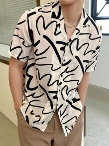 SWAVVY Men Allover Print Baggy Short Sleeve Button Up Shirt, Khaki Vacation Shirt, Boyfriend Gift - Multicolor - View 1