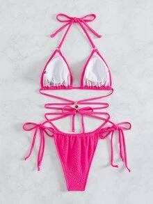 Bộ bikini đi biển mùa hè có dây buộc hình tam giác - Màu Hồng Tươi - Xem 5