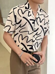 SWAVVY Men Allover Print Baggy Short Sleeve Button Up Shirt, Khaki Vacation Shirt, Boyfriend Gift - Multicolor - View 4