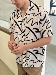 SWAVVY Men Allover Print Baggy Short Sleeve Button Up Shirt, Khaki Vacation Shirt, Boyfriend Gift - Multicolor - View 5