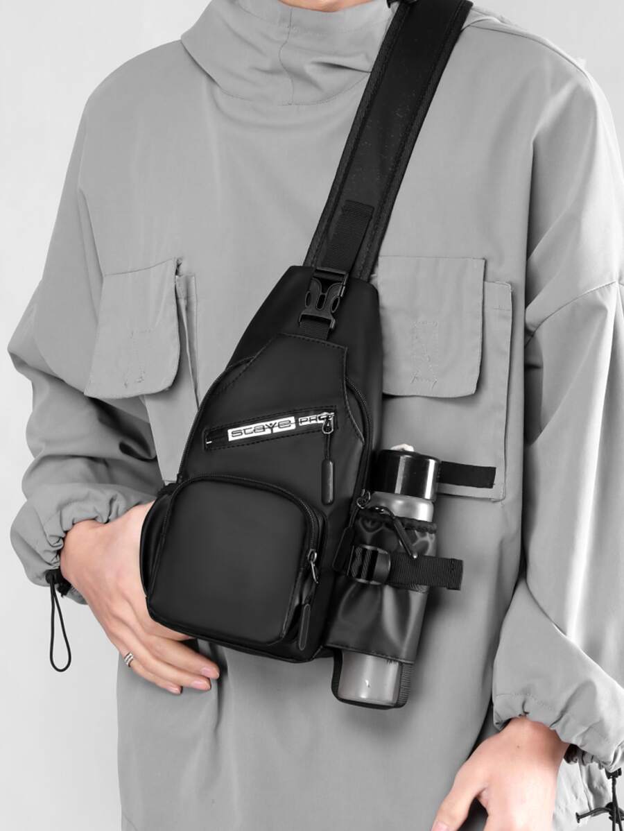 Mini Men Letter Graphic Sling Bag Chest Bag - Black - View 1