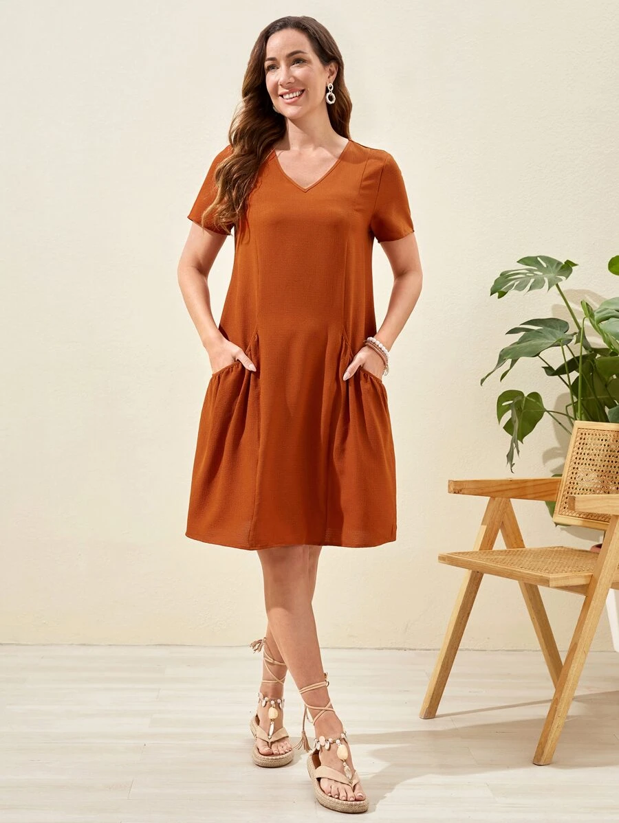 EMERY ROSE Solid V Neck Dual Pocket Dress - Burnt Orange - View 1