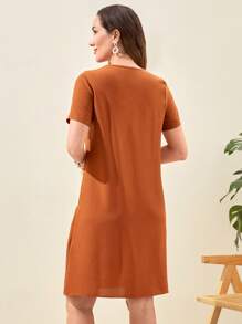 EMERY ROSE Solid V Neck Dual Pocket Dress - Burnt Orange - View 2
