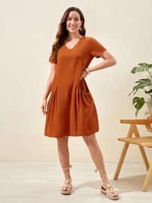 EMERY ROSE Solid V Neck Dual Pocket Dress - Burnt Orange - View 3