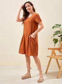 EMERY ROSE Solid V Neck Dual Pocket Dress - Burnt Orange - View 4