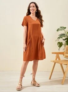 EMERY ROSE Solid V Neck Dual Pocket Dress - Burnt Orange - View 5