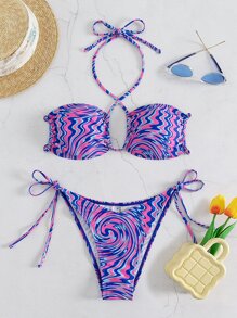 Marble Print Halter Tie Side Summer Beach Bikini Set - Multicolor - View 4