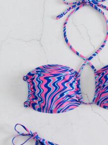 Marble Print Halter Tie Side Summer Beach Bikini Set - Multicolor - View 6