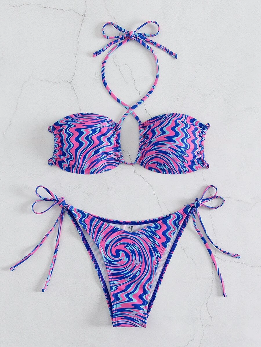 Marble Print Halter Tie Side Summer Beach Bikini Set - Multicolor - View 1