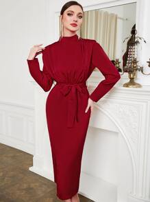 Modelyn Mock Neck Shoulder Pad Belted Dress - Red - View 1