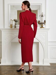 Modelyn Mock Neck Shoulder Pad Belted Dress - Red - View 2