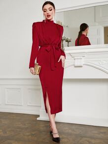 Modelyn Mock Neck Shoulder Pad Belted Dress - Red - View 3