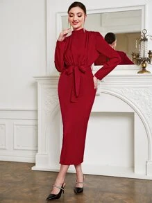 Modelyn Mock Neck Shoulder Pad Belted Dress - Red - View 4