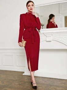 Modelyn Mock Neck Shoulder Pad Belted Dress - Red - View 5