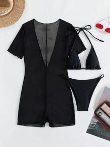 Swim SXY Summer Beach Sheer Bikini Set Micro Triangle Bra & Cheeky Bottom & Short Sleeve Romper 3 Piece Bathing Suit - Black - View 3