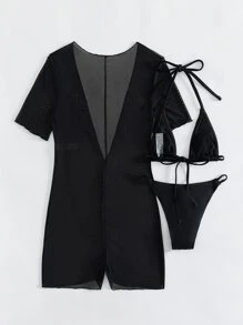 Swim SXY Summer Beach Sheer Bikini Set Micro Triangle Bra & Cheeky Bottom & Short Sleeve Romper 3 Piece Bathing Suit - Black - View 2