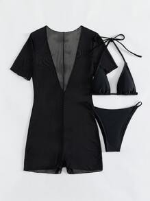 Swim SXY Summer Beach Sheer Bikini Set Micro Triangle Bra & Cheeky Bottom & Short Sleeve Romper 3 Piece Bathing Suit - Black - View 4