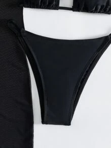 Swim SXY Summer Beach Sheer Bikini Set Micro Triangle Bra & Cheeky Bottom & Short Sleeve Romper 3 Piece Bathing Suit - Black - View 5