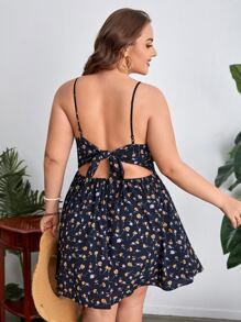 Dreamara 大碼前後扭結繫帶花卉吊帶連衣裙 - 藏蓝色 - 查看 2