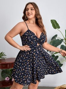 Dreamara 大碼前後扭結繫帶花卉吊帶連衣裙 - 藏蓝色 - 查看 3