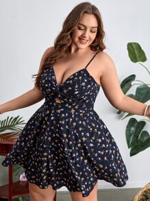 Dreamara 大碼前後扭結繫帶花卉吊帶連衣裙 - 藏蓝色 - 查看 6
