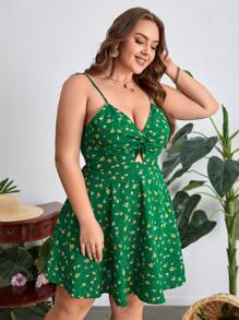 Dreamara Đầm Plus Size xoắn lại Cắt ra Buộc lại Họa tiết hoa Boho - màu xanh lá - Xem 3