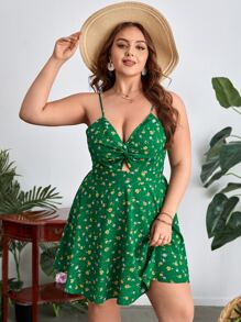 Dreamara Đầm Plus Size xoắn lại Cắt ra Buộc lại Họa tiết hoa Boho - màu xanh lá - Xem 4