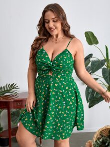 Dreamara Đầm Plus Size xoắn lại Cắt ra Buộc lại Họa tiết hoa Boho - màu xanh lá - Xem 6