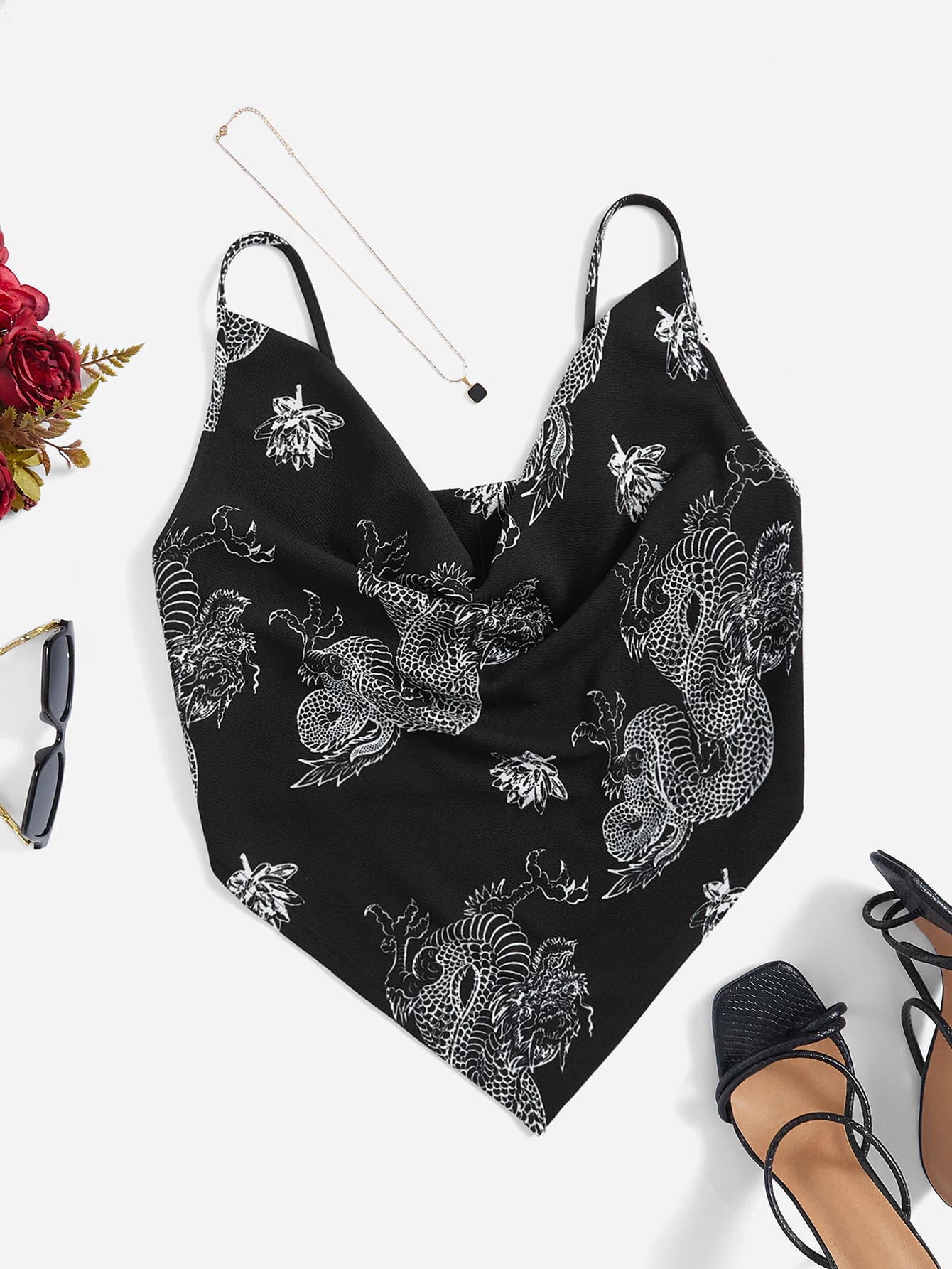 SHEIN EZwear Áo hai dây Plus Size Bất đối xứng Lộ Lưng Vắt Thú vật Giải trí - màu đen - Xem 1