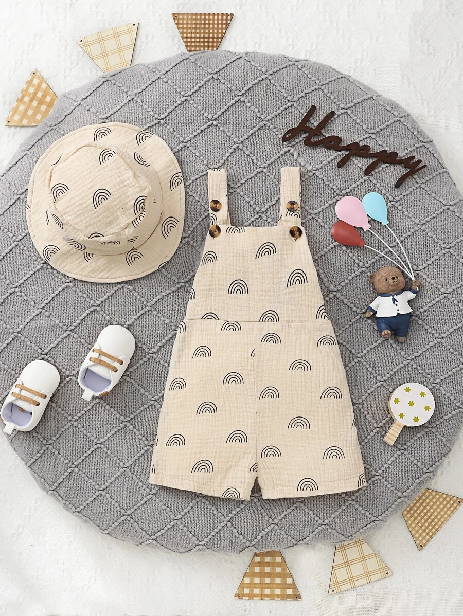 Đứa bé trai In Toàn bộ Romper tổng thể & Phụ kiện Mũ - Màu be - Xem 1