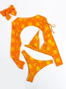 星系印花高腰剪裁夏季沙灘比基尼套裝和頭箍 - 橘色 - 查看 4