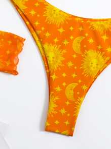 星系印花高腰剪裁夏季沙灘比基尼套裝和頭箍 - 橘色 - 查看 5