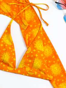 星系印花高腰剪裁夏季沙灘比基尼套裝和頭箍 - 橘色 - 查看 6